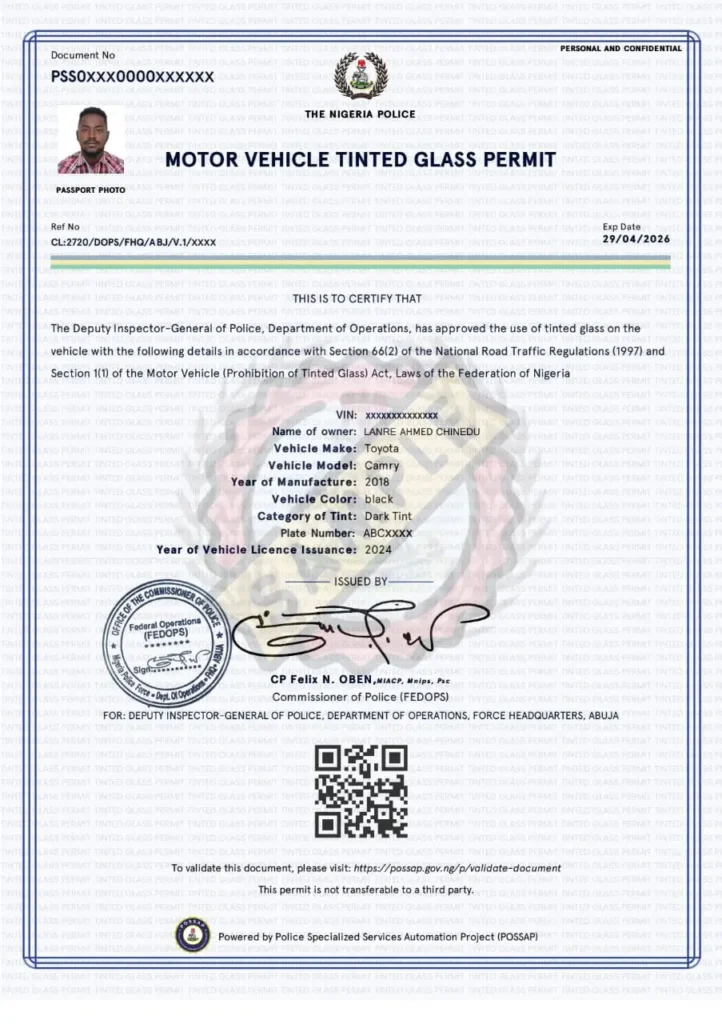 Sample Document of the New Tinted Glass Permit in Nigeria