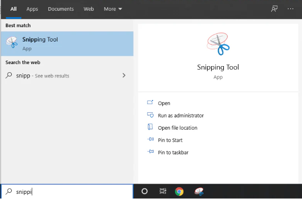 image of a computer screen showing how to search for the Snipping Tool Application on the search bar