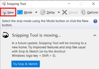 image of a computer screen showing the "NEW" option for the use Snipping Tool Application