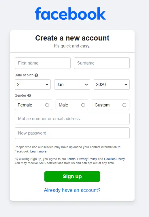 Facebook.com | Sign Up for New A Account | Login facebook account registration form